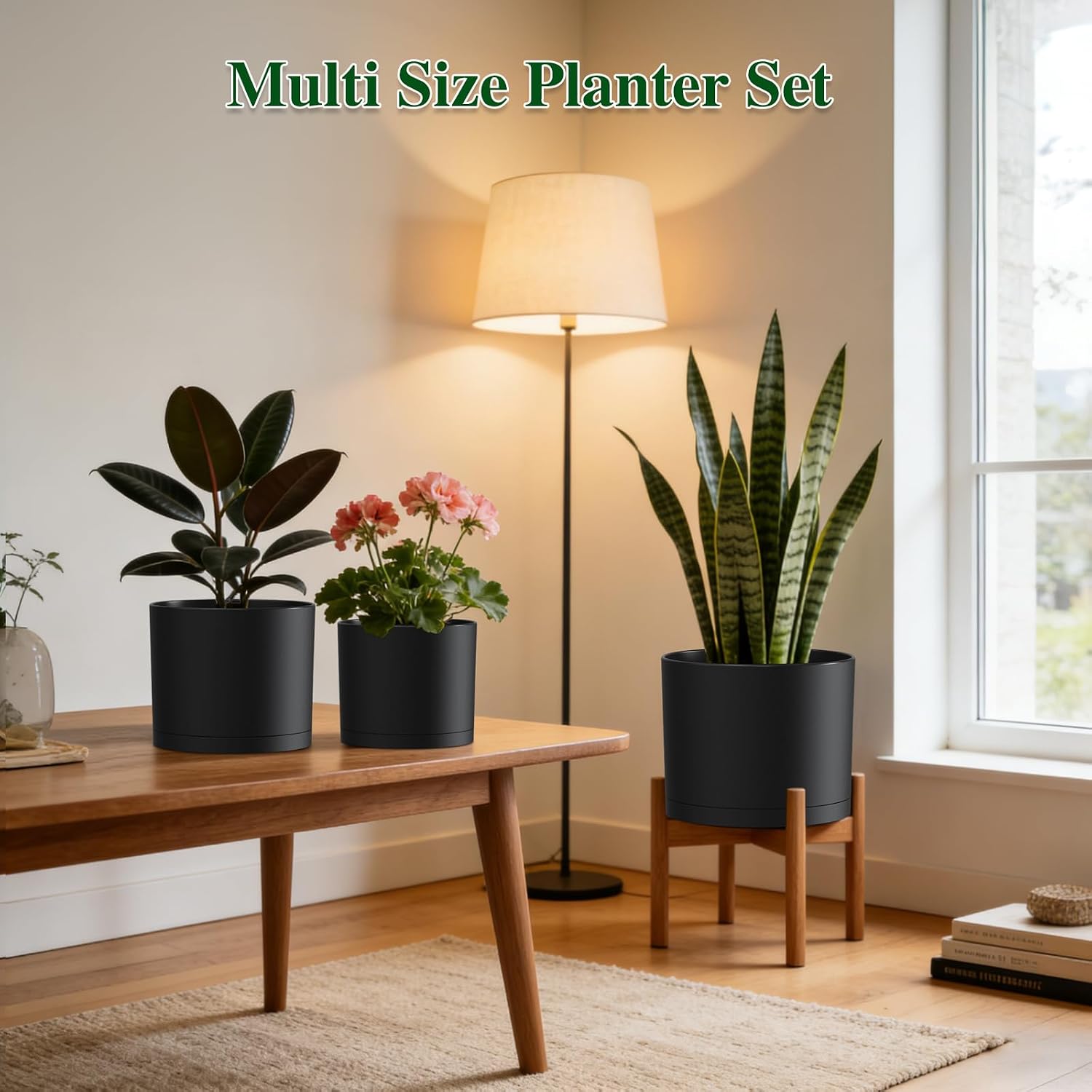 Cylindrical Flower Pots with Drainage, 3 Pack, 8 to 10 inch