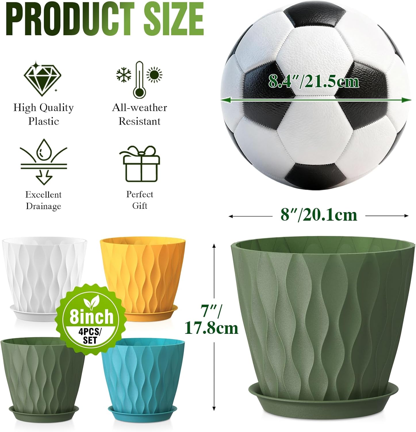Plastic Planters with Saucers, 4 Pack, 8 inch