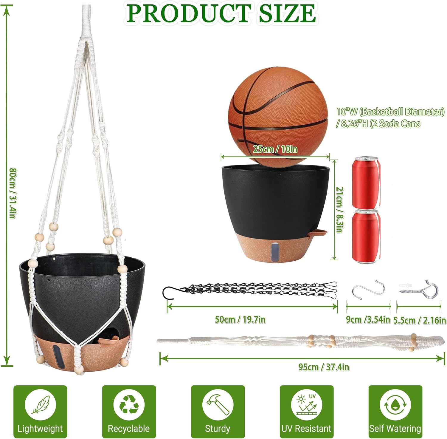 Self-Watering Hanging Planters, 2 Pack, 10 inch, Black