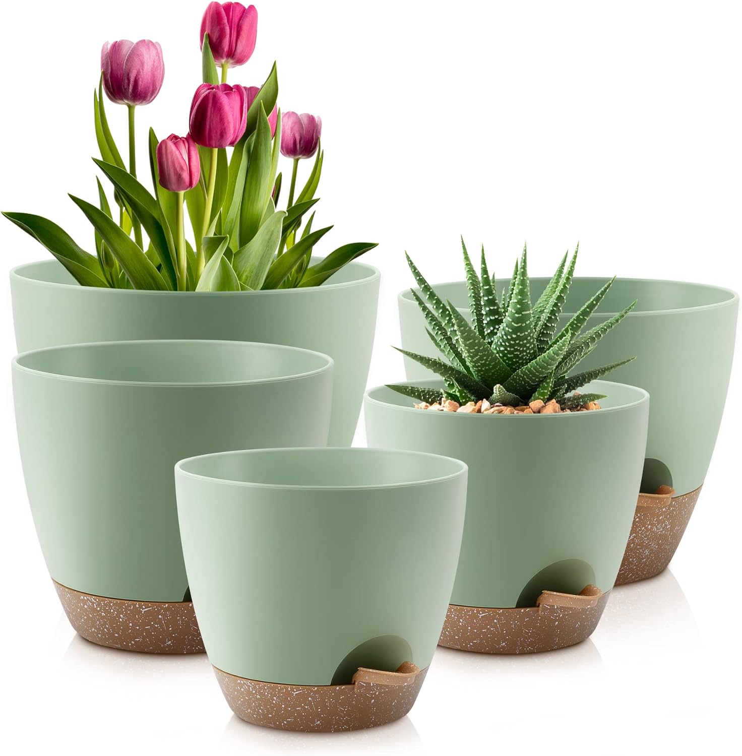 Self-Watering Plastic Pots, Set of 5, 7 to 10 inch