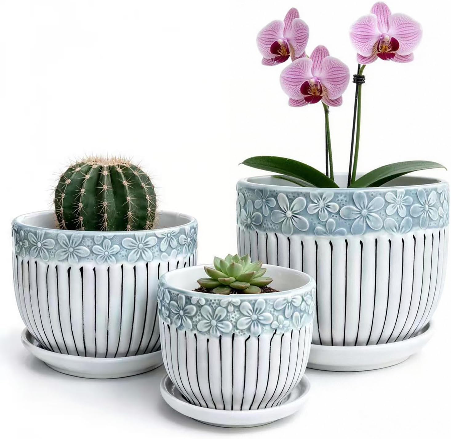 Vintage-Style Round Ceramic Pots with Saucers